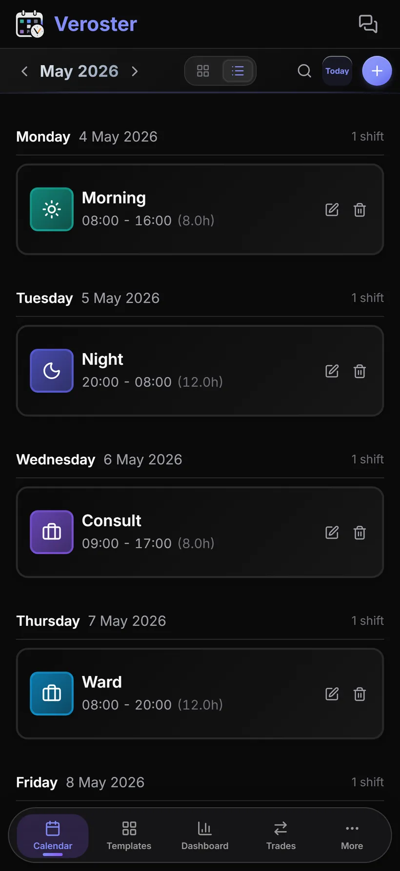 Veroster agenda view listing daily shifts with worked hours