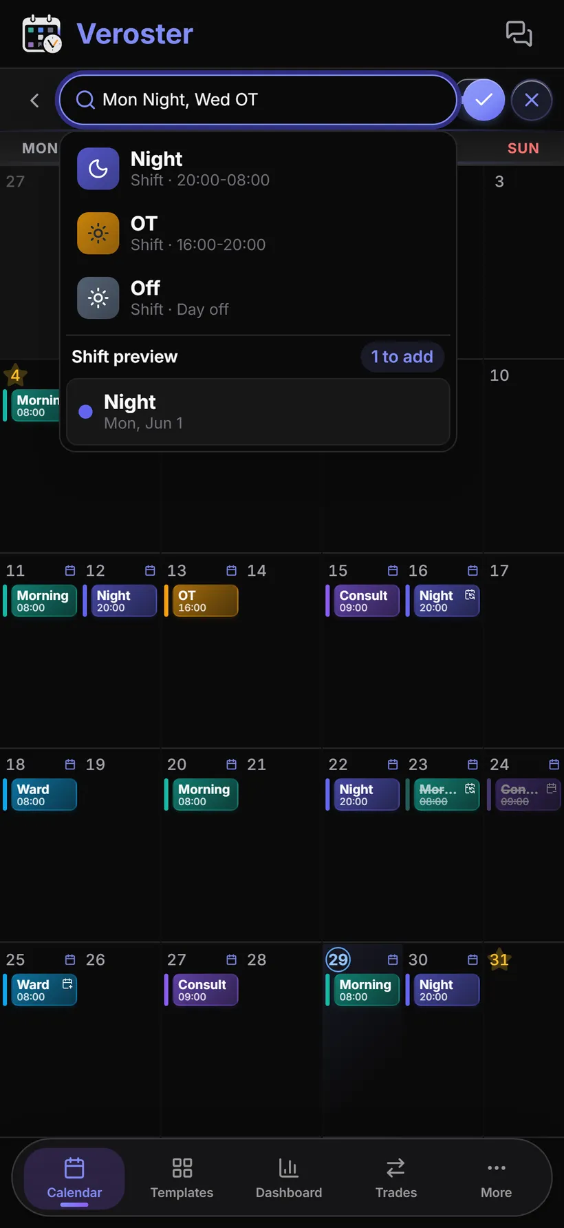 Quick Add turning roster text into shifts on the calendar